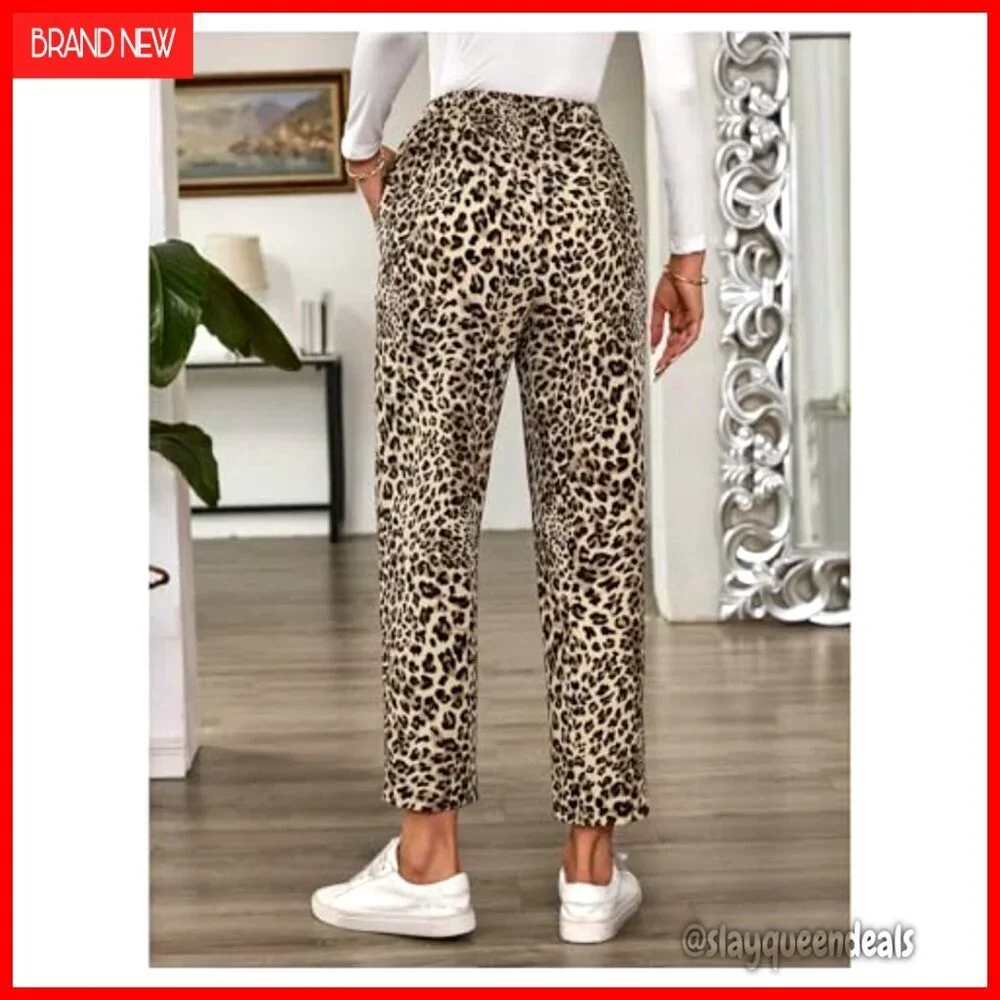 Women's Leopard Print Pants Elastic Waist Straight Leg Casual Trousers with